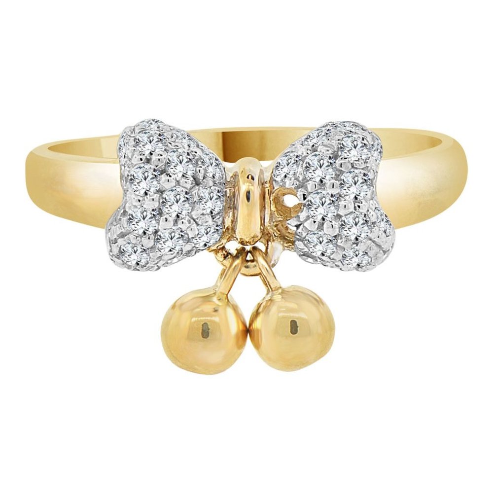 Bow and Dangling Beads Ring Cubic Zirconia. Yellow Gold 14k